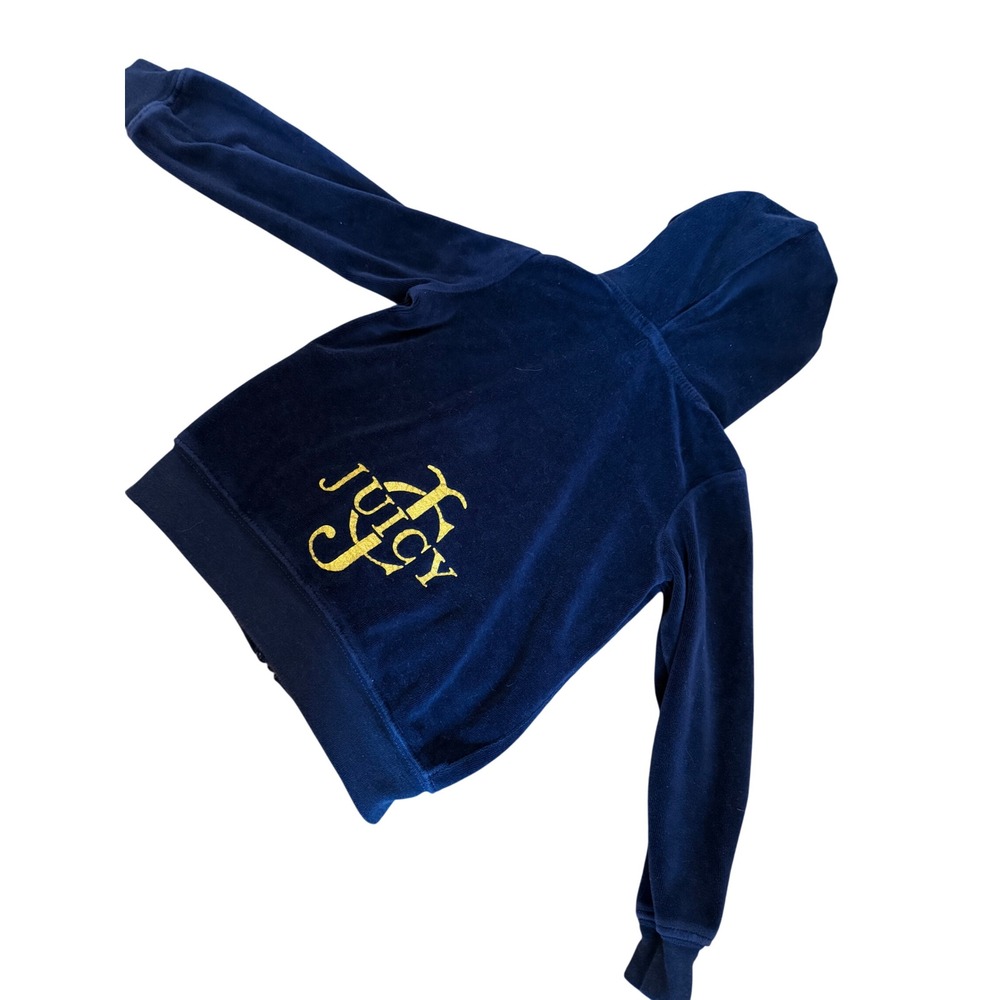 Y2K 2000s style Juicy Couture Girls Navy Blue Velour‎ Hoodie Gold Glitter Logo